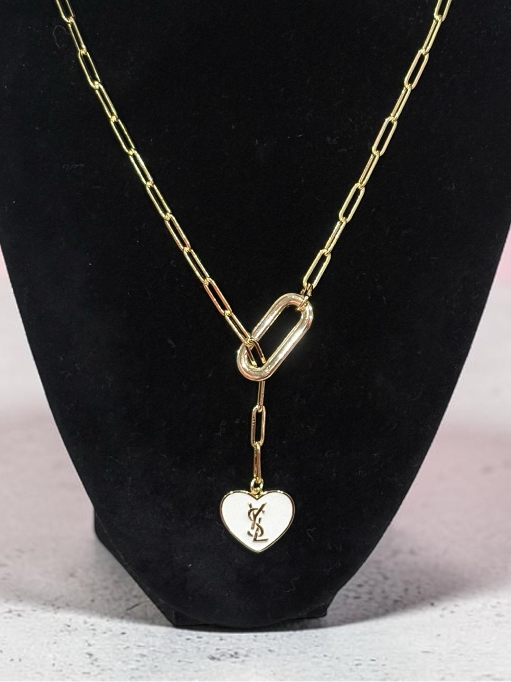 Upcycled Stamped YSL Saint Laurent Gold Heart Pendant Necklace - White Enamel